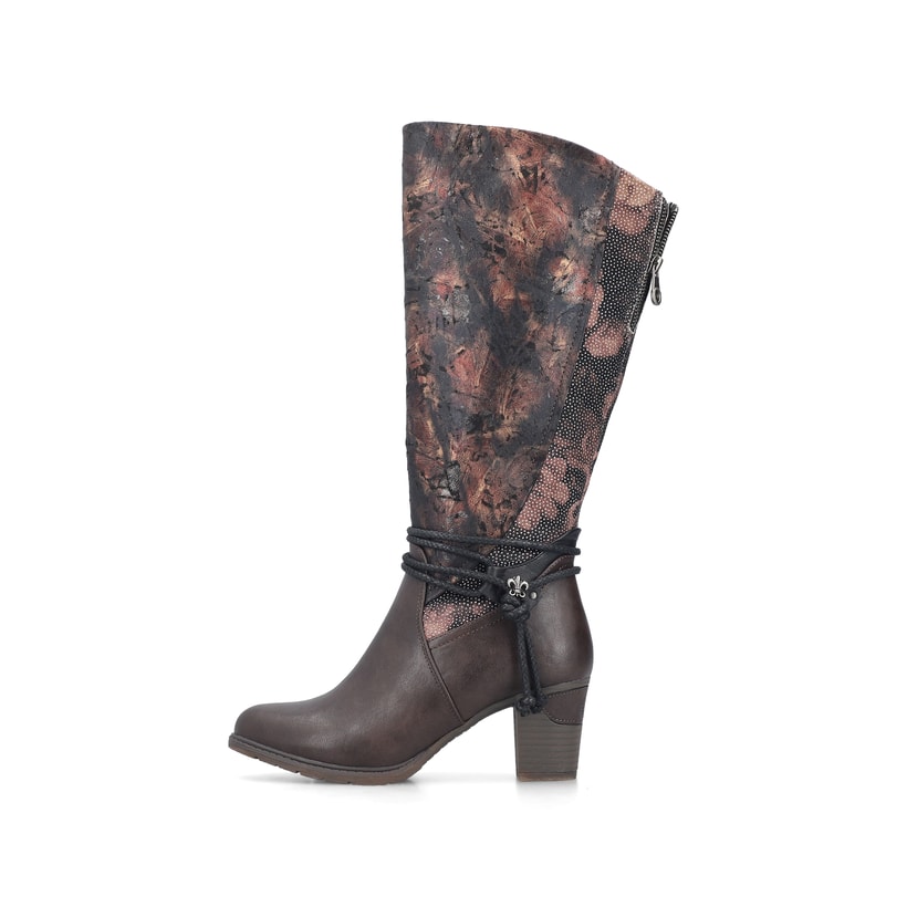 Brombeerfarbene Rieker Damen Hochschaftstiefel 96059-90 mit floralem Aufdruck. Schuh Außenseite.