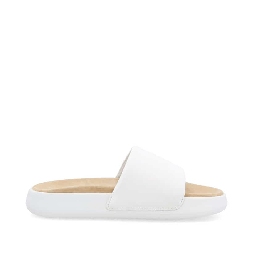 Weiße Rieker Damen Pantoletten W3250-80 mit ultraleichter und dämpfender Sohle. Schuh Innenseite.