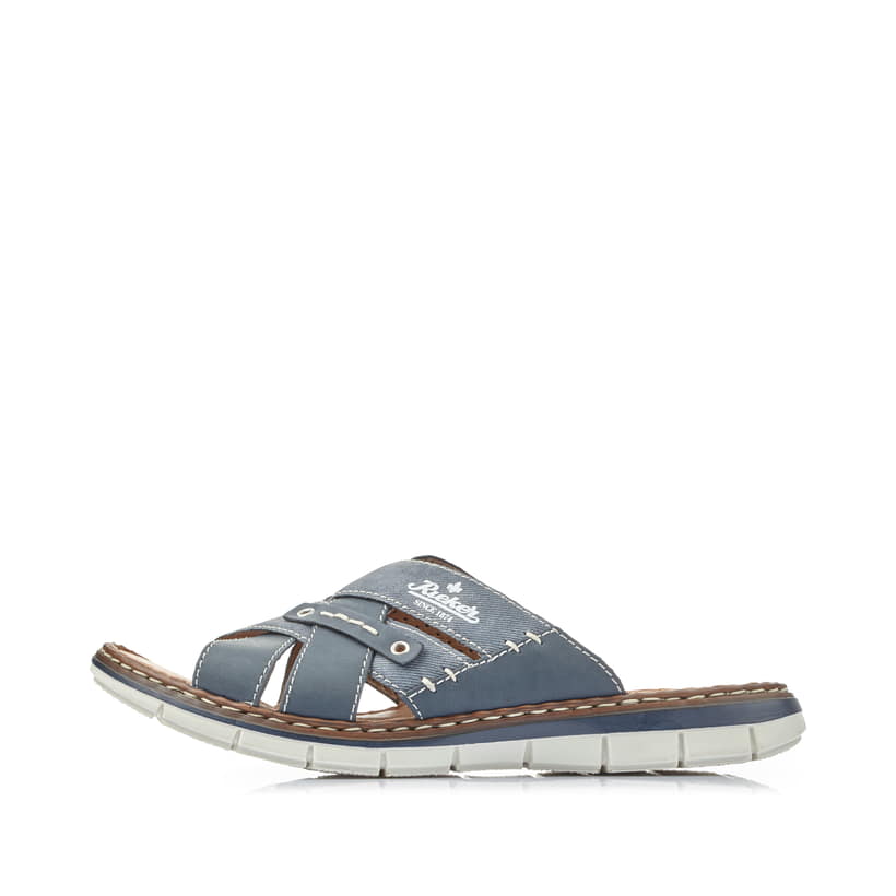 Blaue Rieker Herren Pantoletten 25199-14 mit der Komfortweite G 1/2. Schuh Außenseite.