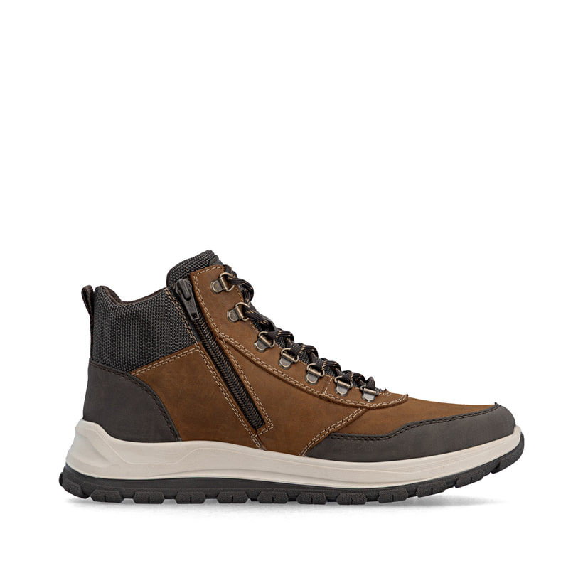 Braun-schwarze Rieker Herren Schnürstiefel B8124-22 mit einem Reißverschluss. Schuh Innenseite.