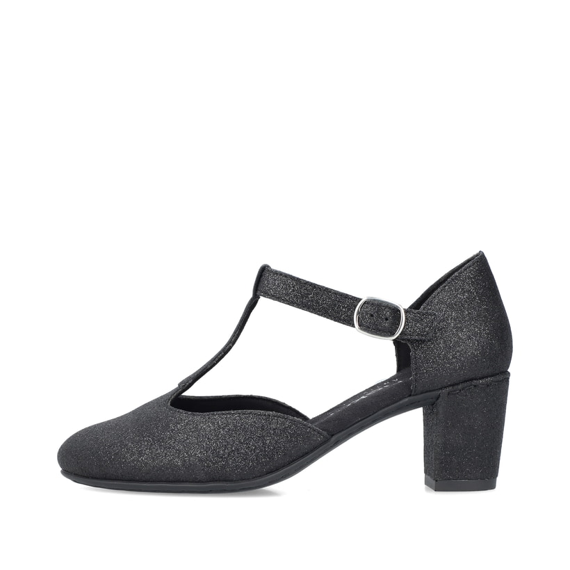 Schwarze Rieker Pumps 41087-00 mit Schnalle sowie extra weicher Decksohle. Schuh Außenseite.