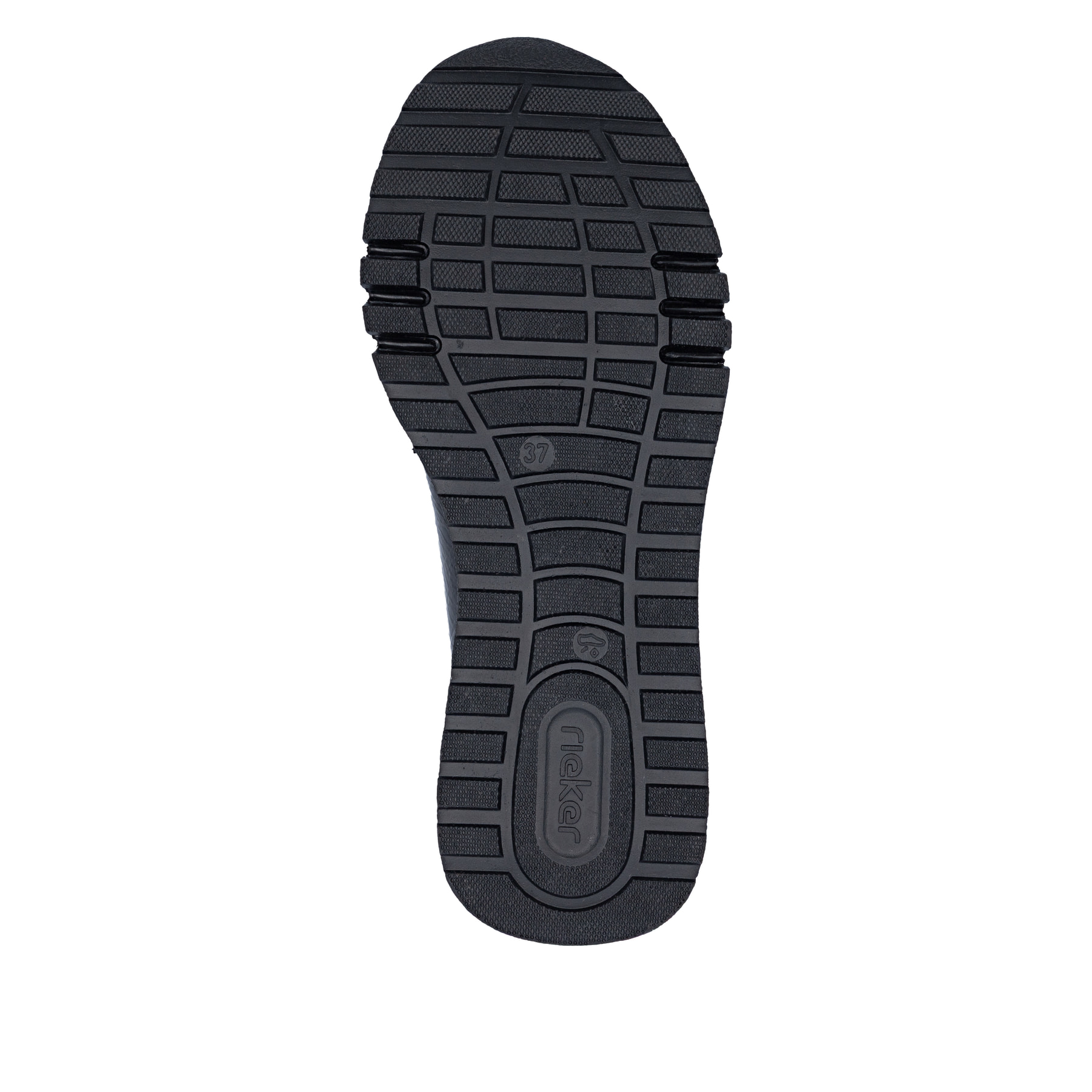 Dunkelblaue Rieker Damen Loafer 49051-14 mit Deko-Kette sowie einem Gummizug. Schuh Laufsohle.