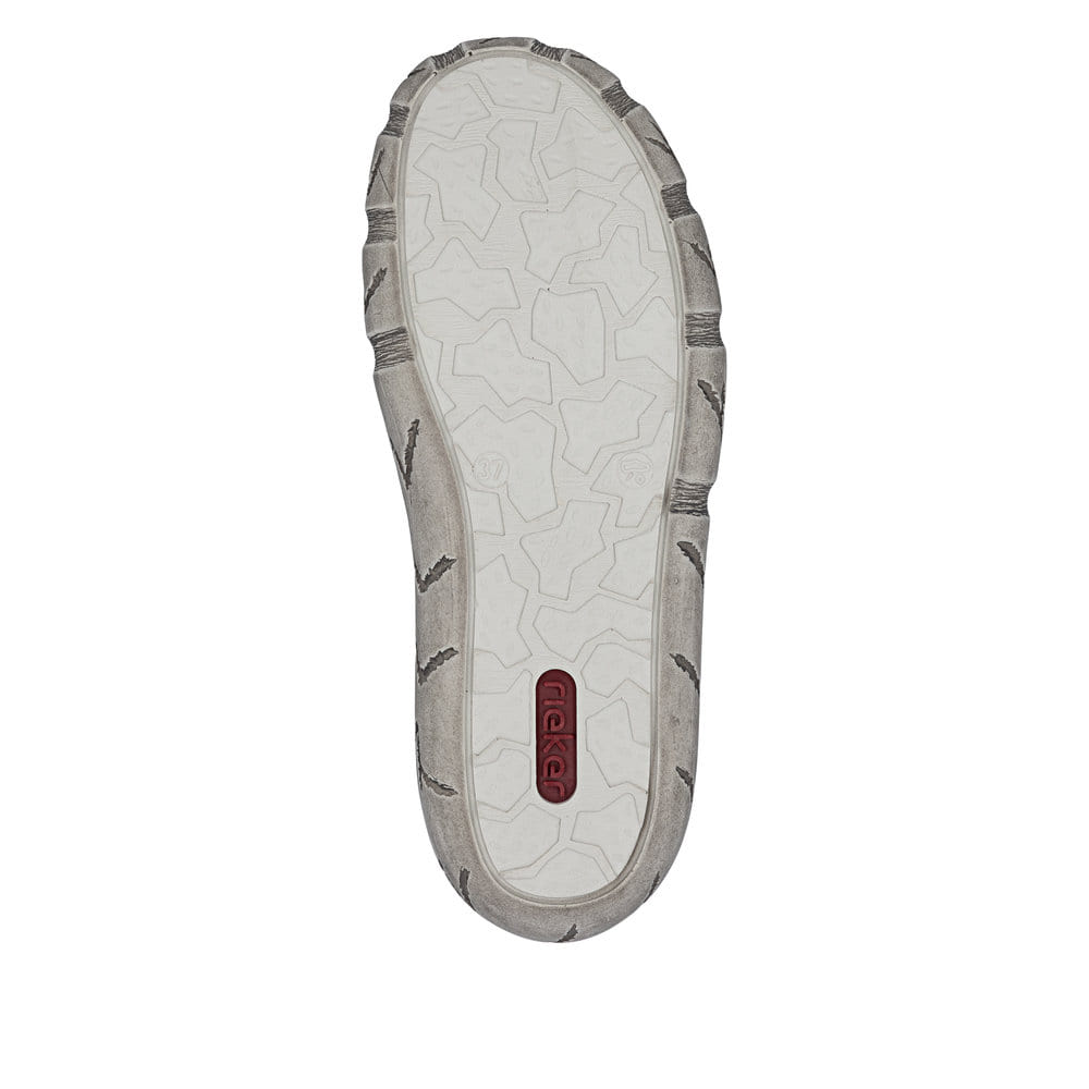 Beige Rieker Damen Slipper L0355-61 aus Glattleder mit eleganten Zierlochungen. Schuh Laufsohle.