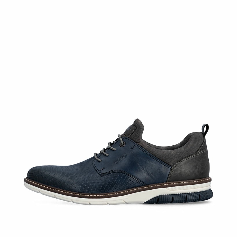 Blaue Rieker Herren Slipper 14450-16 aus Glattleder mit einem Gummizug. Schuh Außenseite.