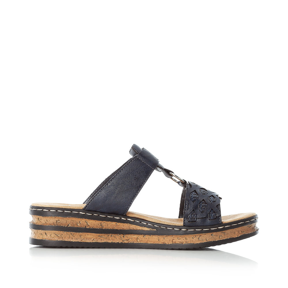 Blaue Rieker Damen Pantoletten 629K9-14 mit einem Klettverschluss. Schuh Innenseite.