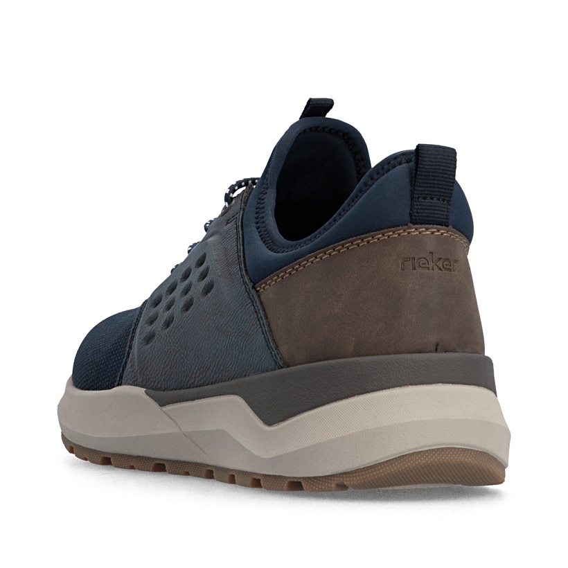Dunkelblau-braune Rieker Herren Slipper 06058-14 mit Gummizug sowie Extraweite H. Schuh von hinten.