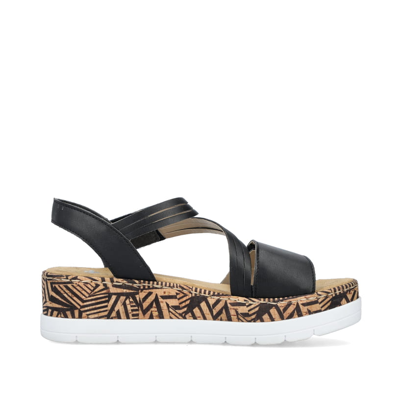Schwarze Rieker Keilsandaletten V3964-01 mit einem Klettverschluss. Schuh Innenseite.