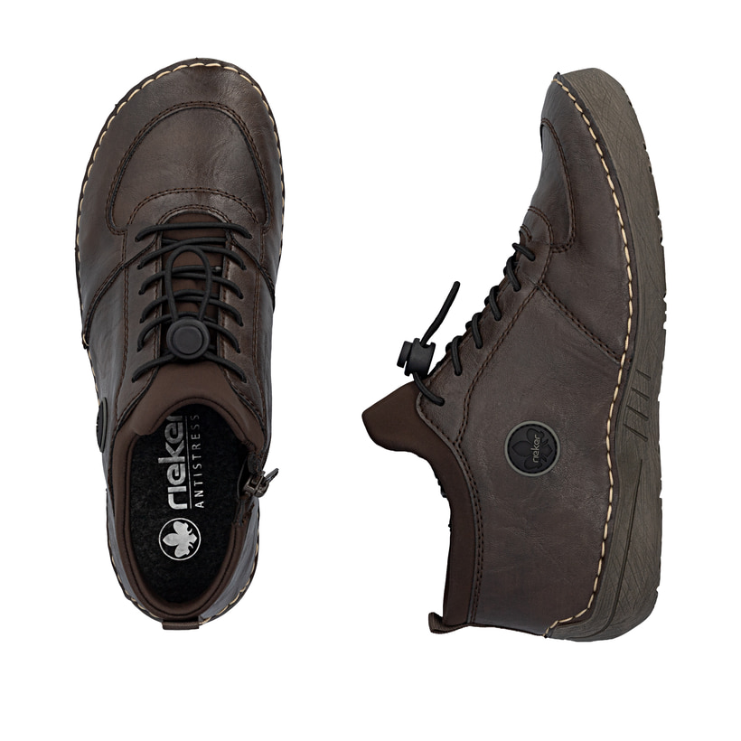 Dunkelbraune Rieker Damen Kurzstiefel 52557-25 mit einem Reißverschluss. Schuh von oben, liegend.