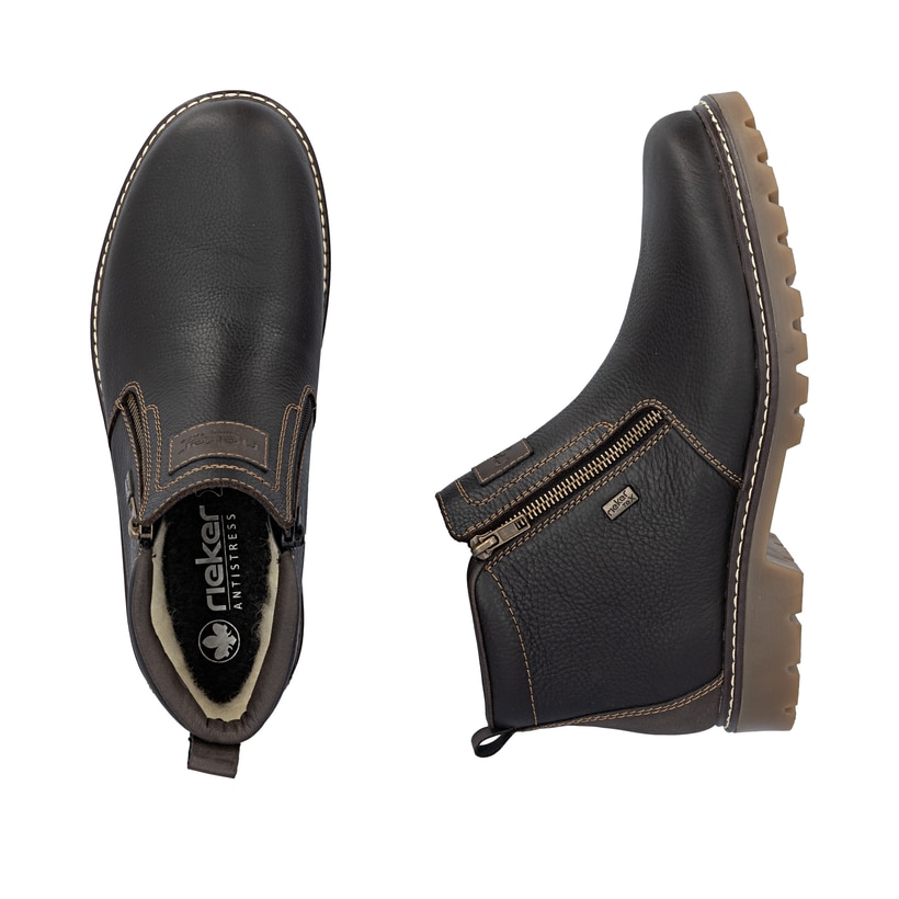 Dunkelbraune Rieker Herren Kurzstiefel 39871-25 aus Glattleder. Schuh von oben, liegend.
