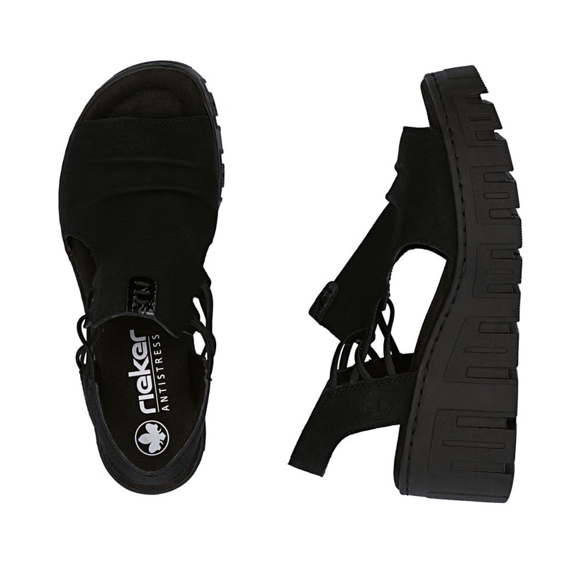 Schwarze Rieker Damen Sandalen 68075-00 mit einem Gummizug. Schuh von oben, liegend.