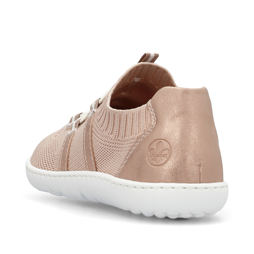 Rosane vegane Rieker Damen Slipper 52854-31, Barfußschuhe mit einem Gummizug. Schuh von hinten.