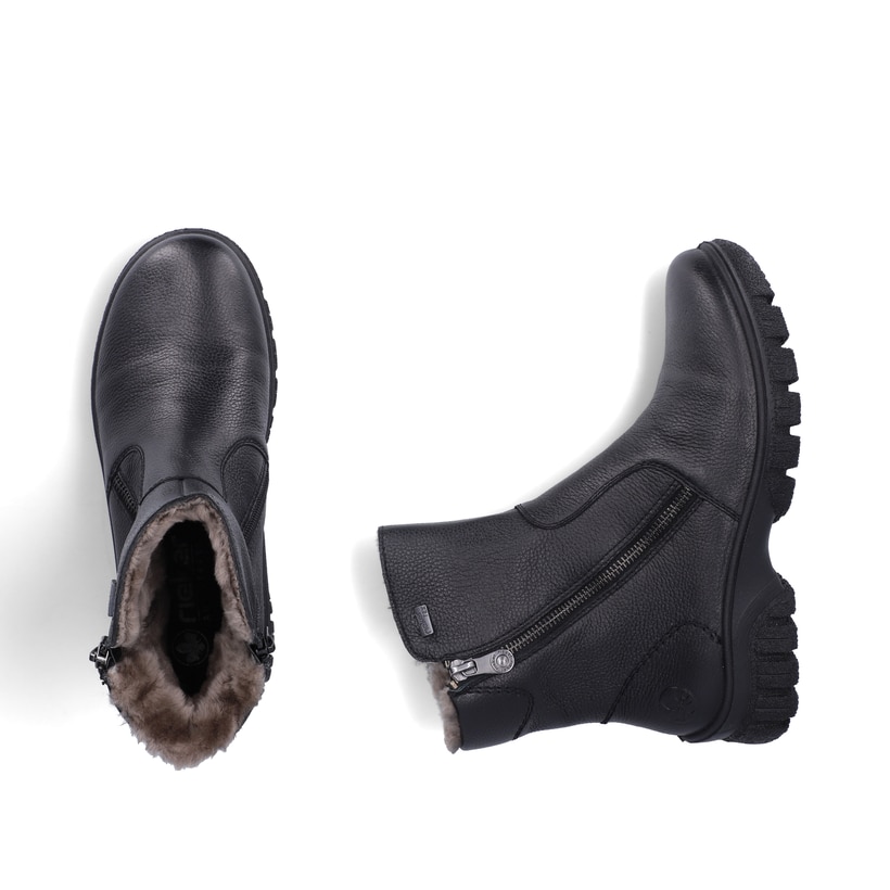 Schwarze Rieker Damen Kurzstiefel Z7263-00 aus Glattleder. Schuh von oben, liegend.