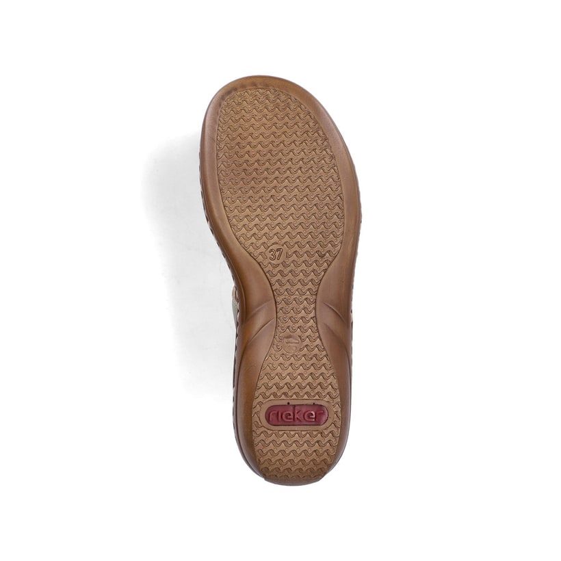 Grüne Rieker Damen Pantoletten 60885-54 mit einem Klettverschluss. Schuh Laufsohle.