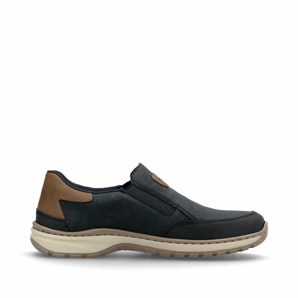 Blaue Rieker Herren Slipper 03365-14 mit einem Gummizug sowie der Extraweite H. Schuh Innenseite.