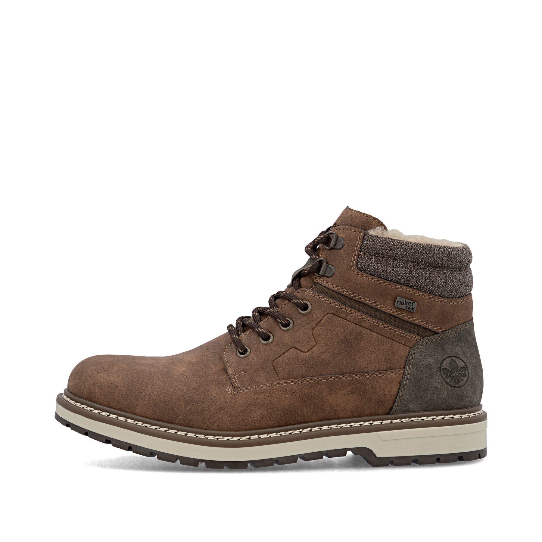 Dunkelbraune Rieker Herren Schnürstiefel F3811-24 mit einem Reißverschluss. Schuh Außenseite.