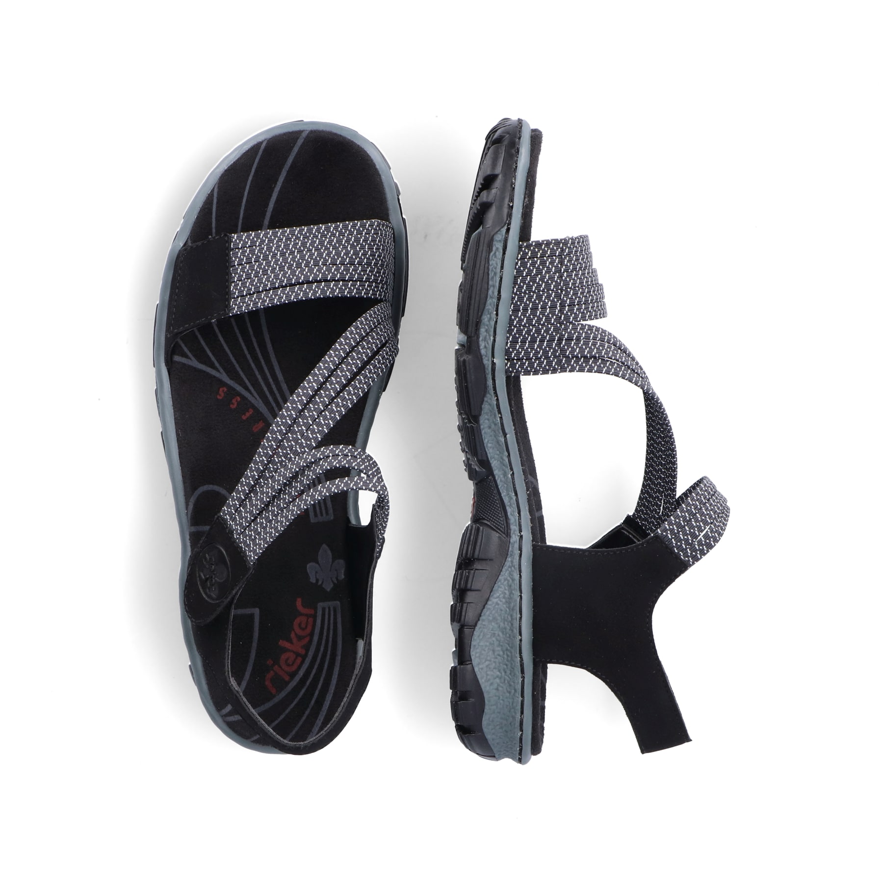 Schwarze Rieker Damen Trekkingsandalen 68871-00 mit einem Klettverschluss. Schuh von oben, liegend.