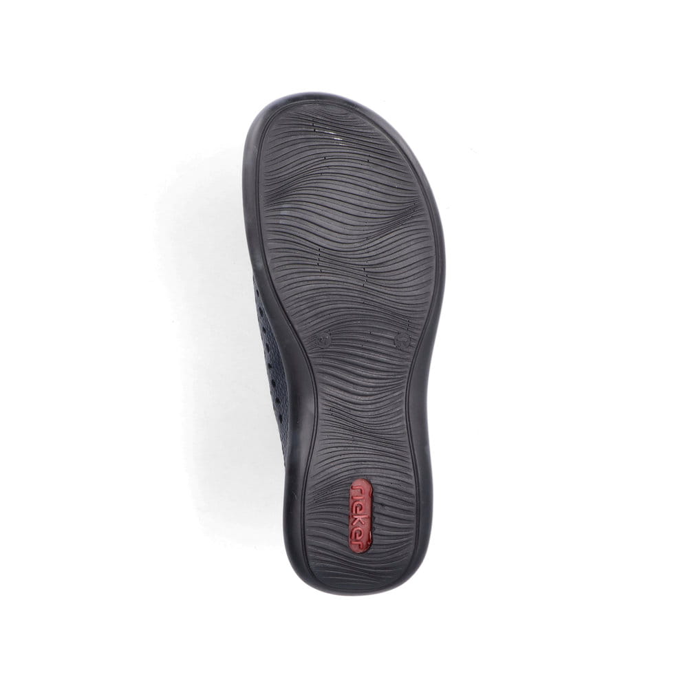 Sabots Rieker bleus pour femme 46395-14 avec perforations décoratives. Semelle extérieure de la chaussure.