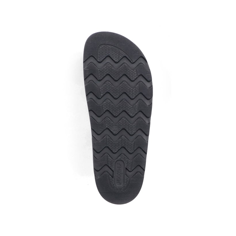 Tongs Rieker noires pour femme V3150-00 en cuir lisse avec boucles. Semelle extérieure de la chaussure.