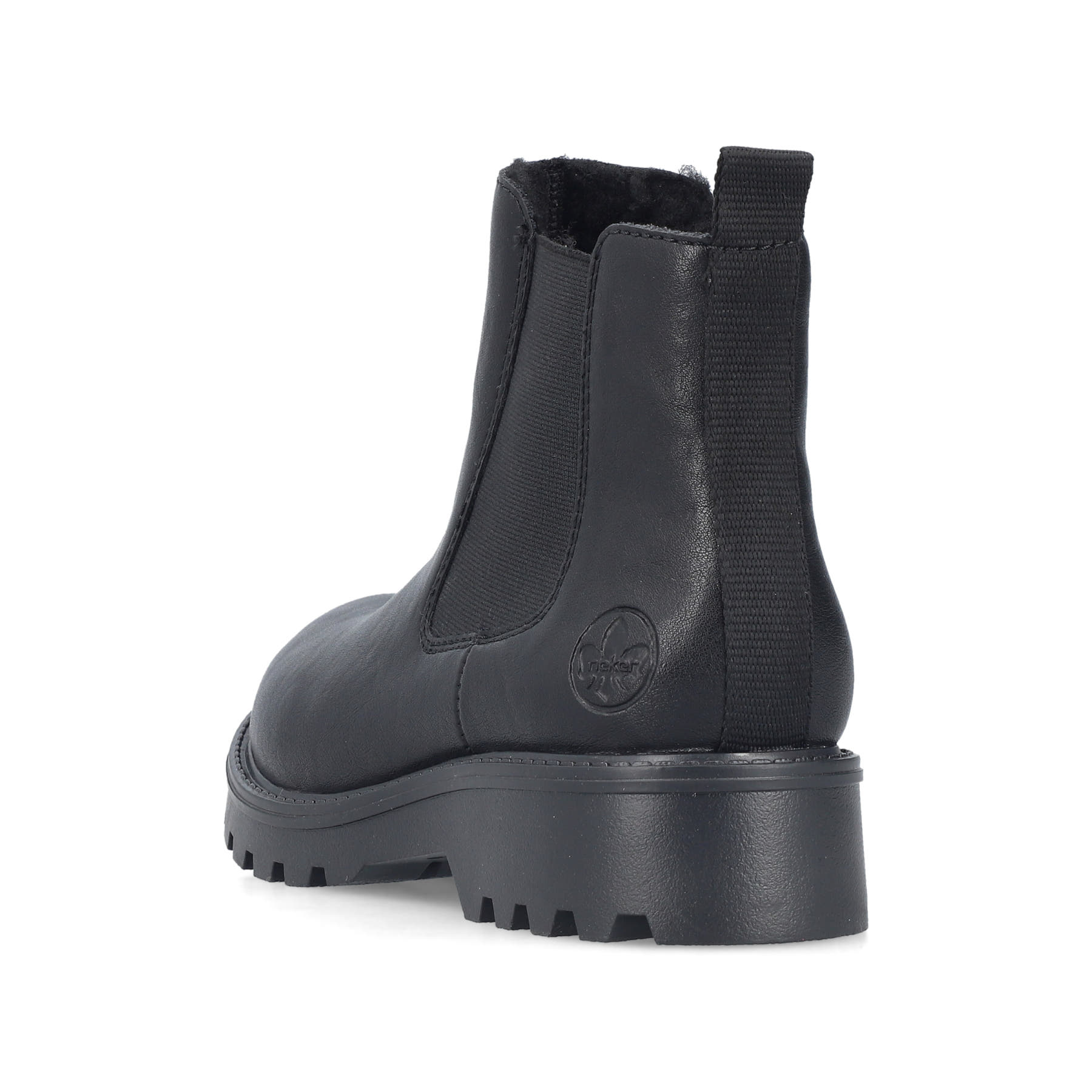 Schwarze Rieker Damen Chelsea Boots 73250-01 mit einem Reißverschluss. Schuh von hinten.