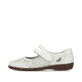 Weiße Rieker Ballerinas 47675-80 mit modernen Ziernähten sowie Klettverschluss. Schuh Außenseite.