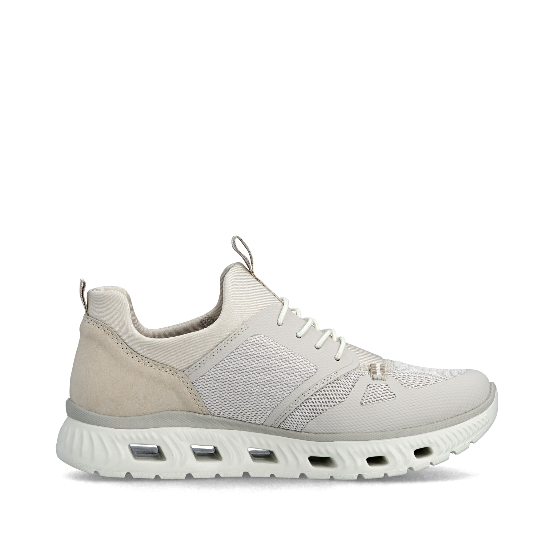 Mocassins Rieker beiges végan pour femmes M6078-60 avec bande élastique. Côté intérieur de la chaussure.