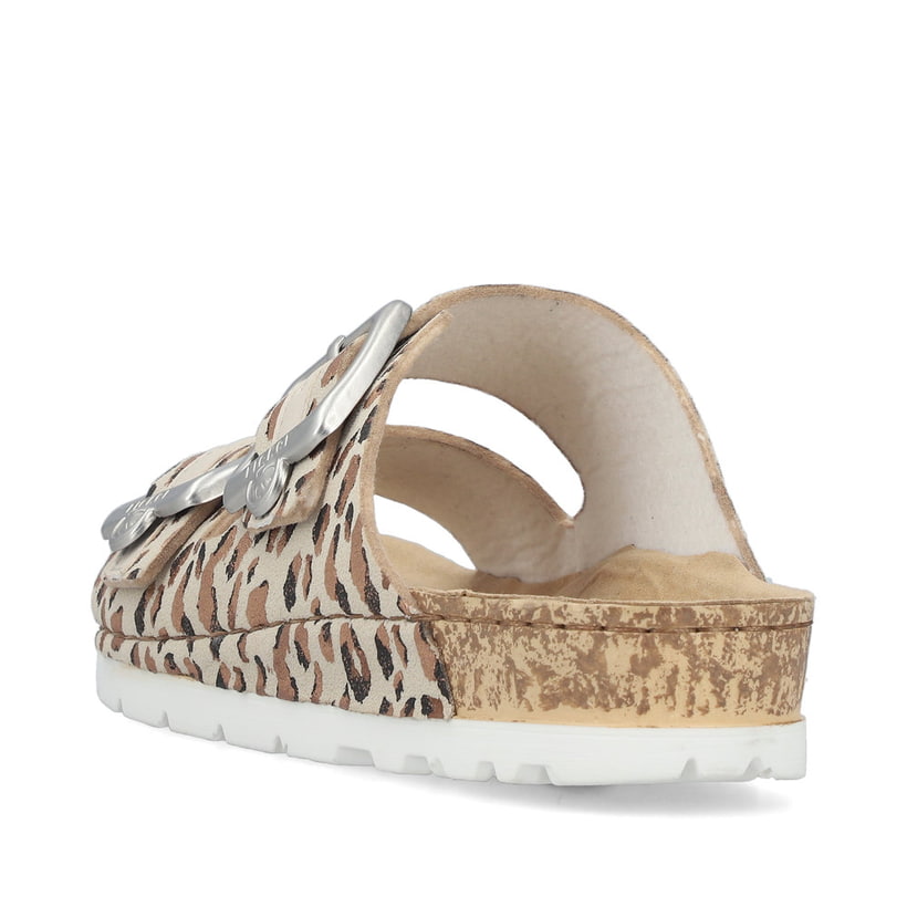 Mules Rieker beiges pour femme 69850-61 avec imprimé animal à la mode. Chaussure vue de l'arrière.