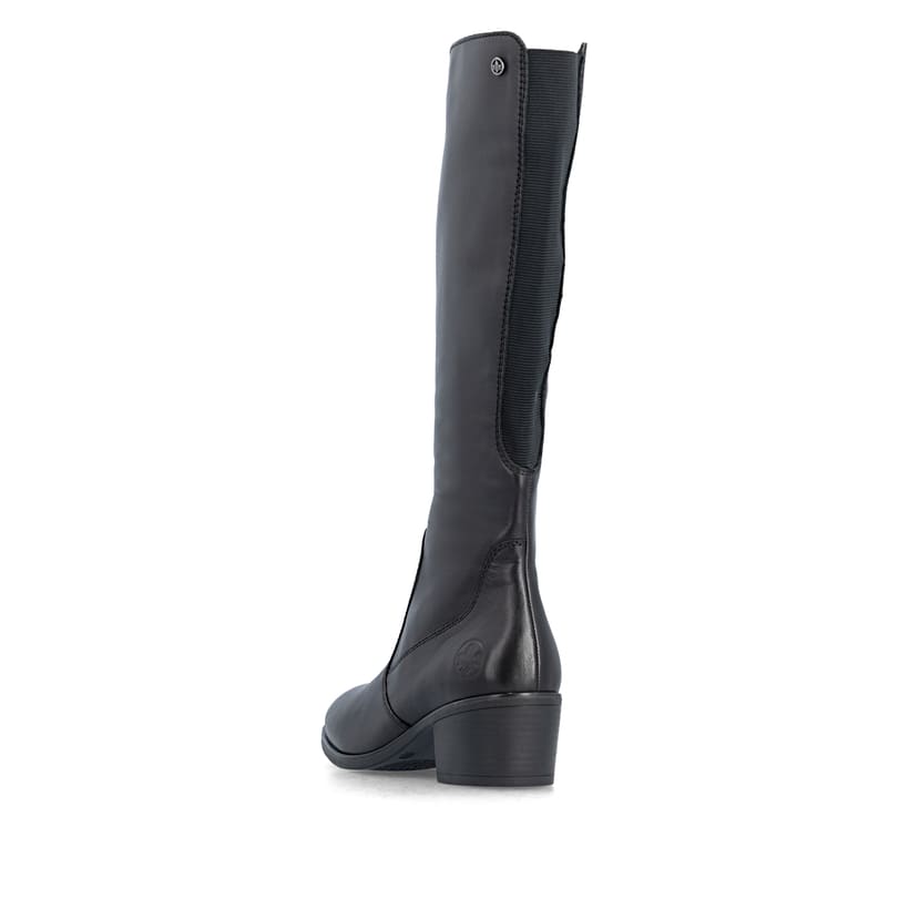 Schwarze Rieker Damen Hochschaftstiefel 73955-00 aus Glattleder. Schuh von hinten.