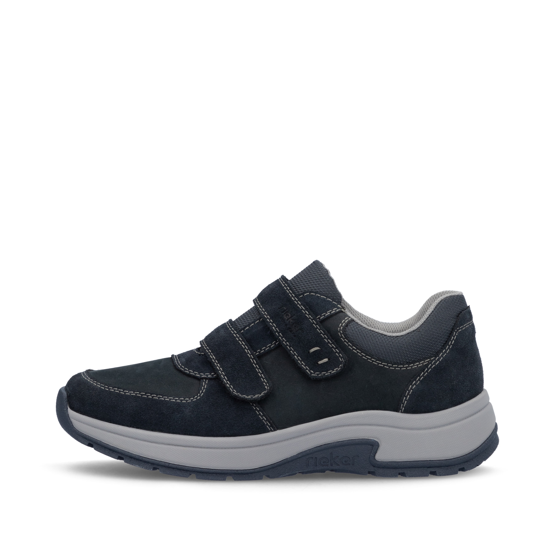 Mocassins Rieker bleus homme 11051-14 en cuir suédé avec fermeture velcro. Côté extérieur de la chaussure.