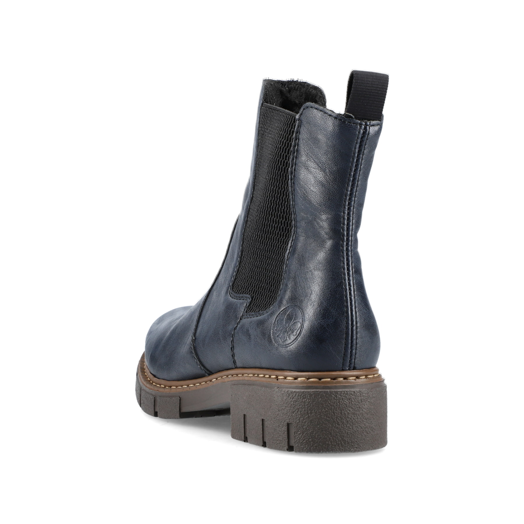 Schieferblaue Rieker Damen Chelsea Boots Z3561-14 mit einer schockabsorbierenden Sohle. Schuh von hinten