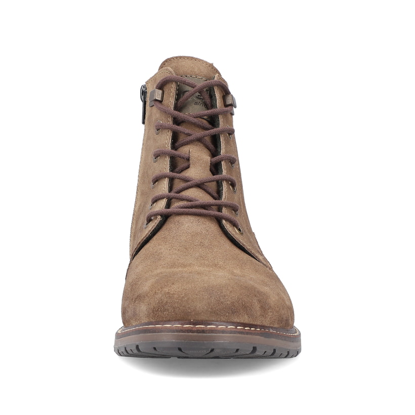 Sandbraune Rieker Herren Schnürstiefel 13730-64 mit Schnürung und Reißverschluss. Schuh von vorne.