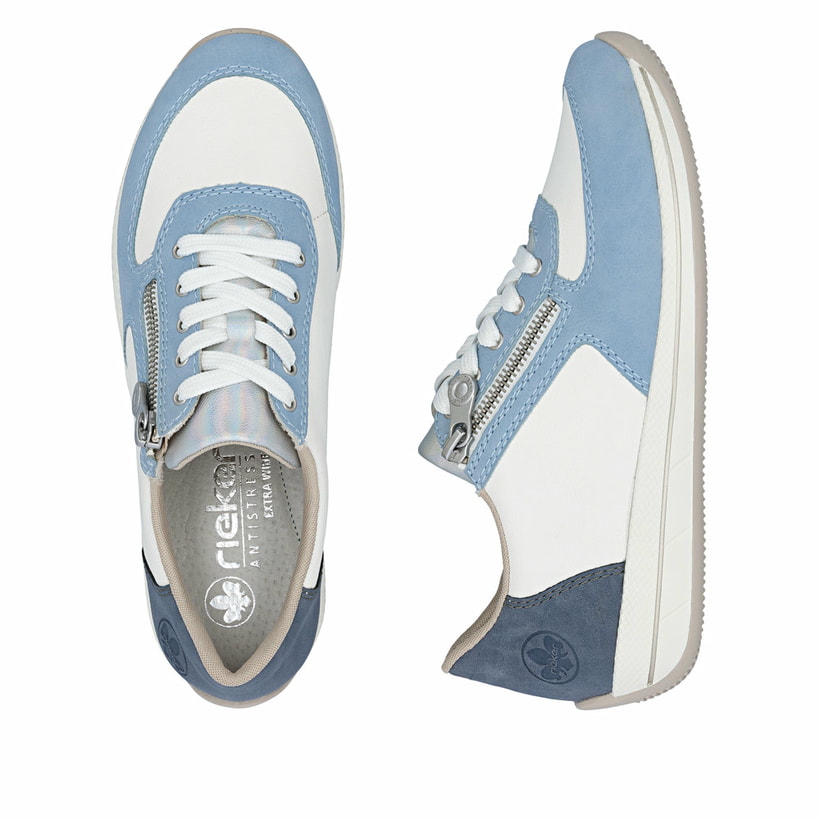 Baskets basses Rieker bleues pour femme N1112-10 avec fermeture éclair. Chaussure vue de dessus, couchée.