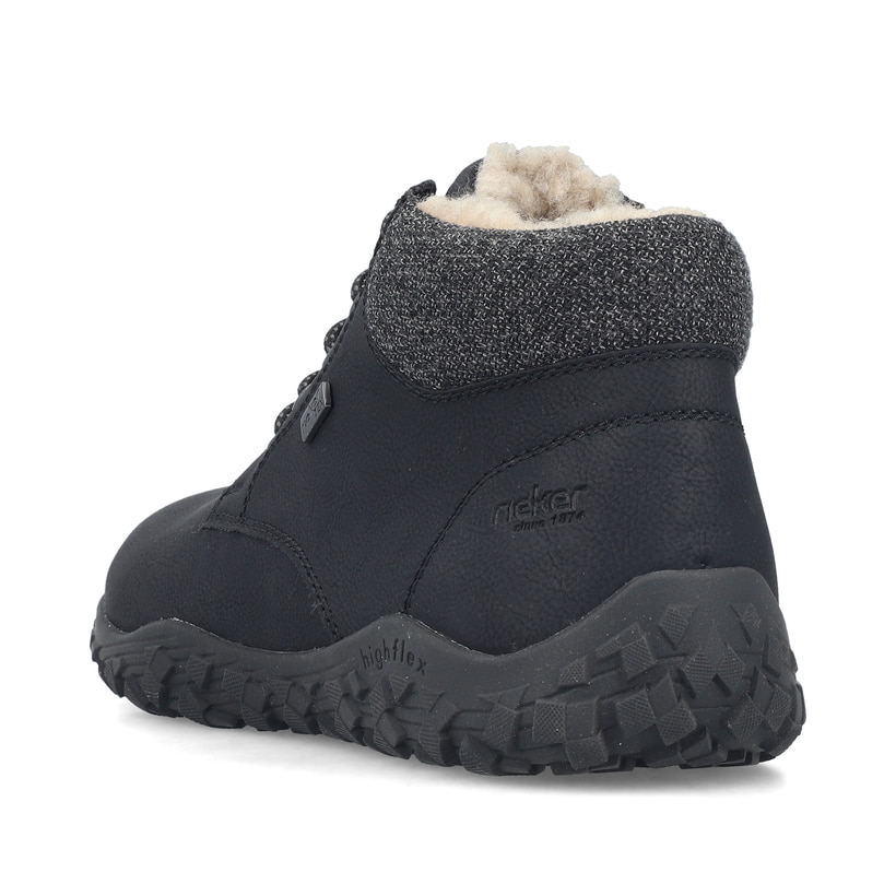 Schwarze Rieker Herren Schnürstiefel 08130-01 mit wasserabweisender TEX-Membran. Schuh von hinten.