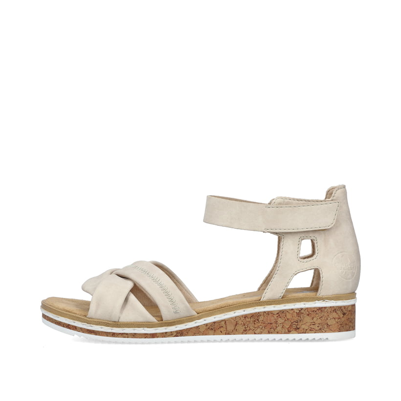 Beige Rieker Keilsandaletten V3673-60 mit Klettverschluss sowie leichter Sohle. Schuh Außenseite.