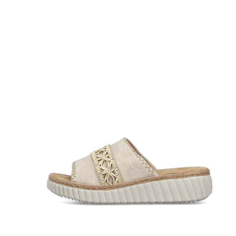 Beige Rieker Damen Pantoletten 69278-60 mit Schmuckelementen sowie Extraweite H. Schuh Außenseite.