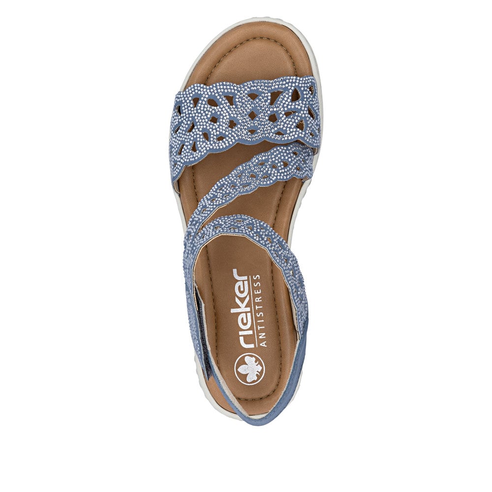 Blaue Rieker Damen Riemchensandalen V4150-14 mit Strasssteinen sowie Gummizug. Schuh von oben.