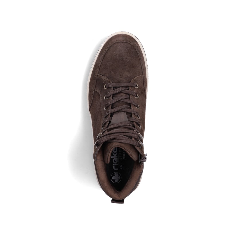 Dunkelbraune Rieker Herren Schnürstiefel 38549-25 aus Rauleder. Schuh von oben.