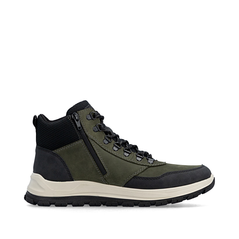 Dunkelgrün-schwarze Rieker Herren Schnürstiefel B8124-54 mit Reißverschluss. Schuh Innenseite.