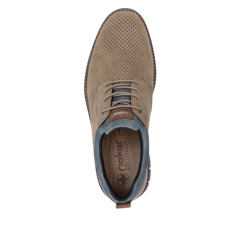 Beige Rieker Herren Slipper 14450-64 mit einem Gummizug sowie der Komfortweite G. Schuh von oben.