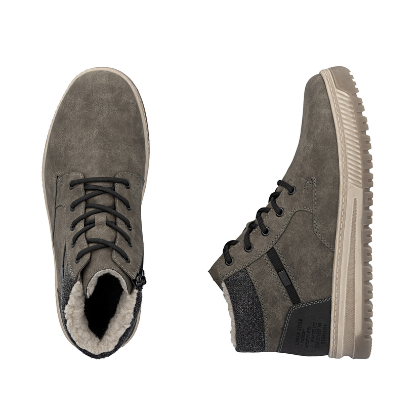 Graue Rieker Herren Schnürstiefel 38542-25 mit wasserabweisender TEX-Membran. Schuh von oben, liegend.