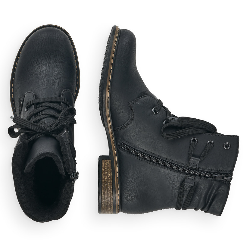 Schwarze Rieker Damen Schnürstiefel 71229-02 mit einem Reißverschluss. Schuh von oben, liegend.