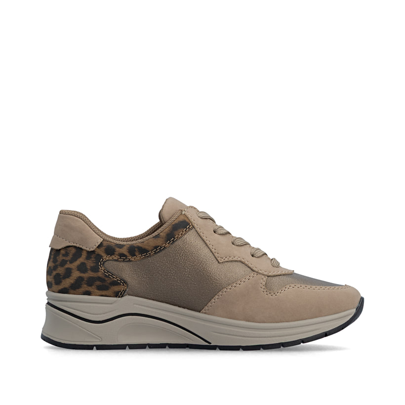 Baskets basses Rieker beiges pour femme N9503-20 avec imprimé léopard. Chaussure vue de l'arrière.