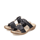 Schwarze Rieker Damen Pantoletten 60885-00 in Löcheroptik mit Klettverschluss. Schuhpaar seitlich schräg.