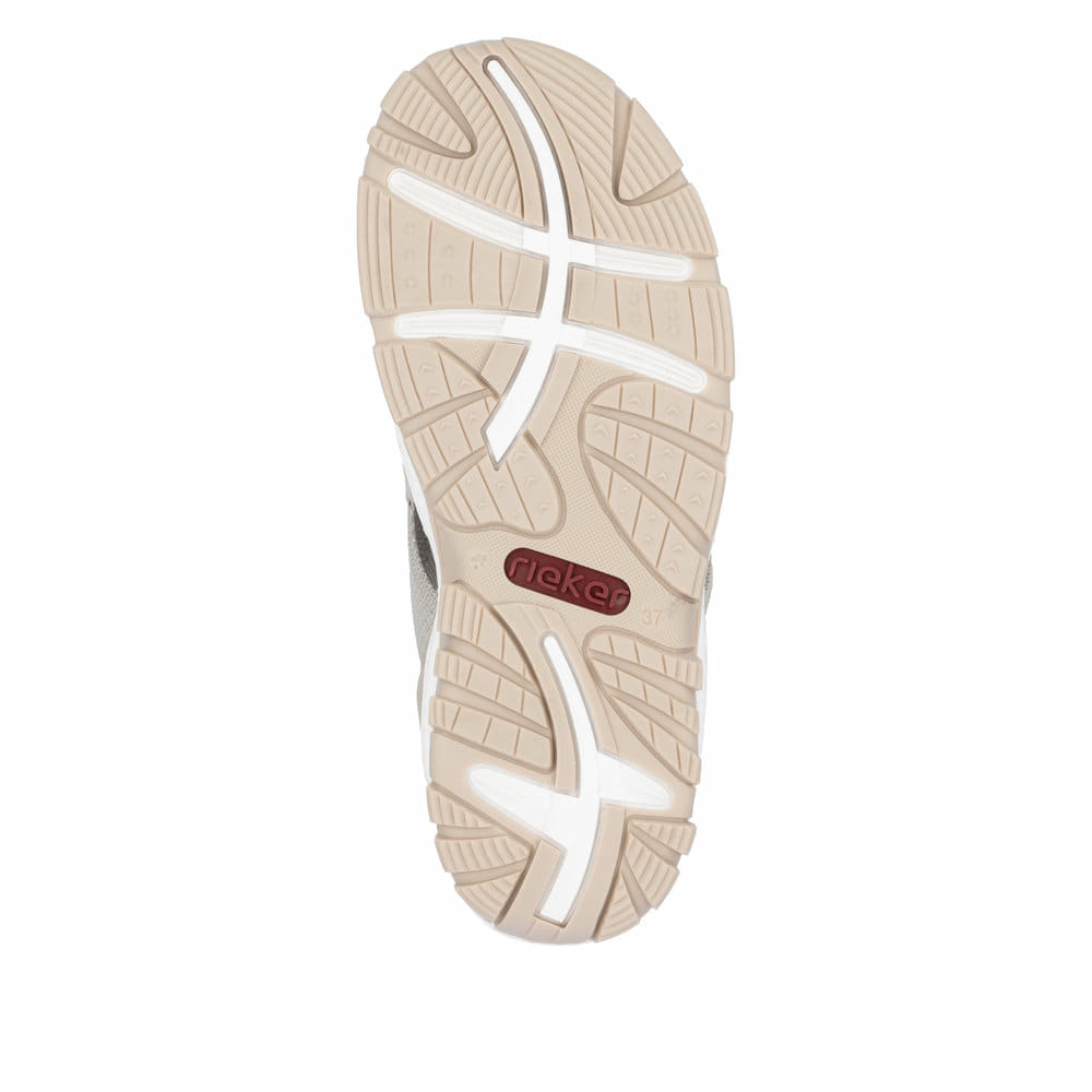 Beige vegane Rieker Damen Trekkingsandalen 68895-64 mit Ready2GO Slip-in Feature. Schuh Laufsohle.