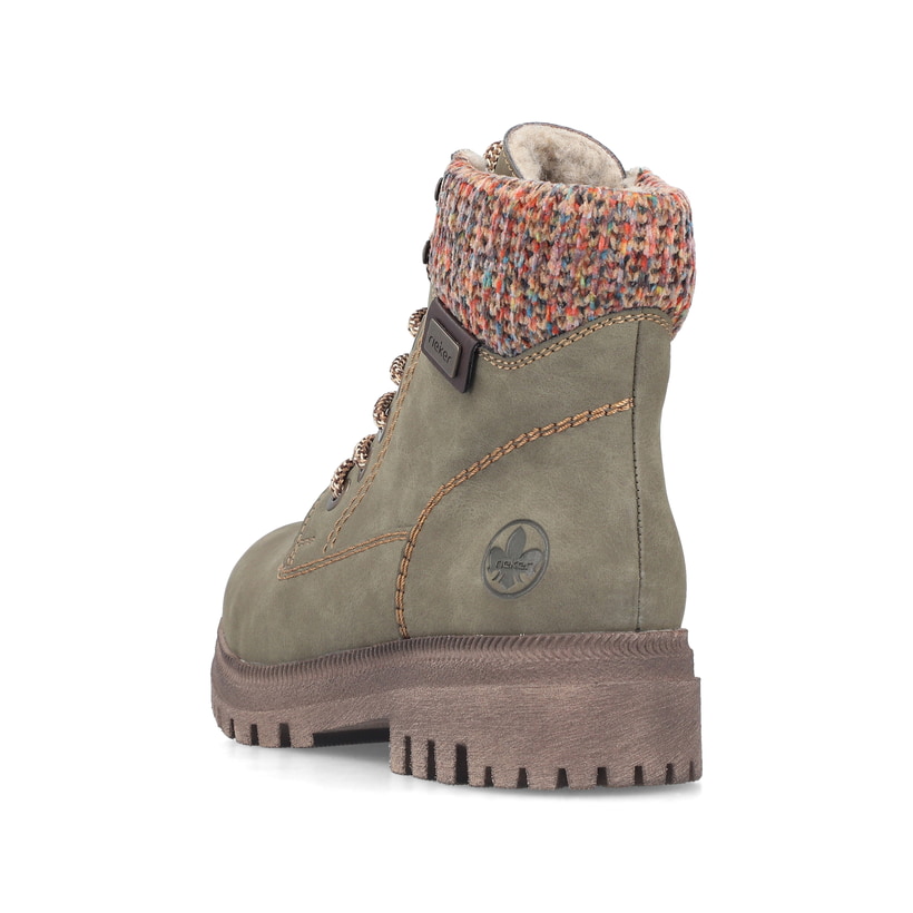 Hellgrüne Rieker Damen Schnürstiefel Y7621-54 mit Strick-Kragen. Schuh von hinten.