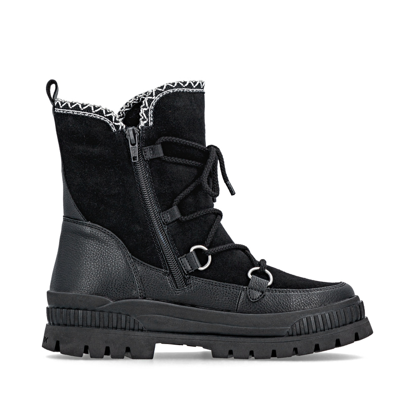 Schwarze Rieker Damen Kurzstiefel W2175-00 aus Rauleder mit weißer Zickzack-Naht. Schuh Innenseite.