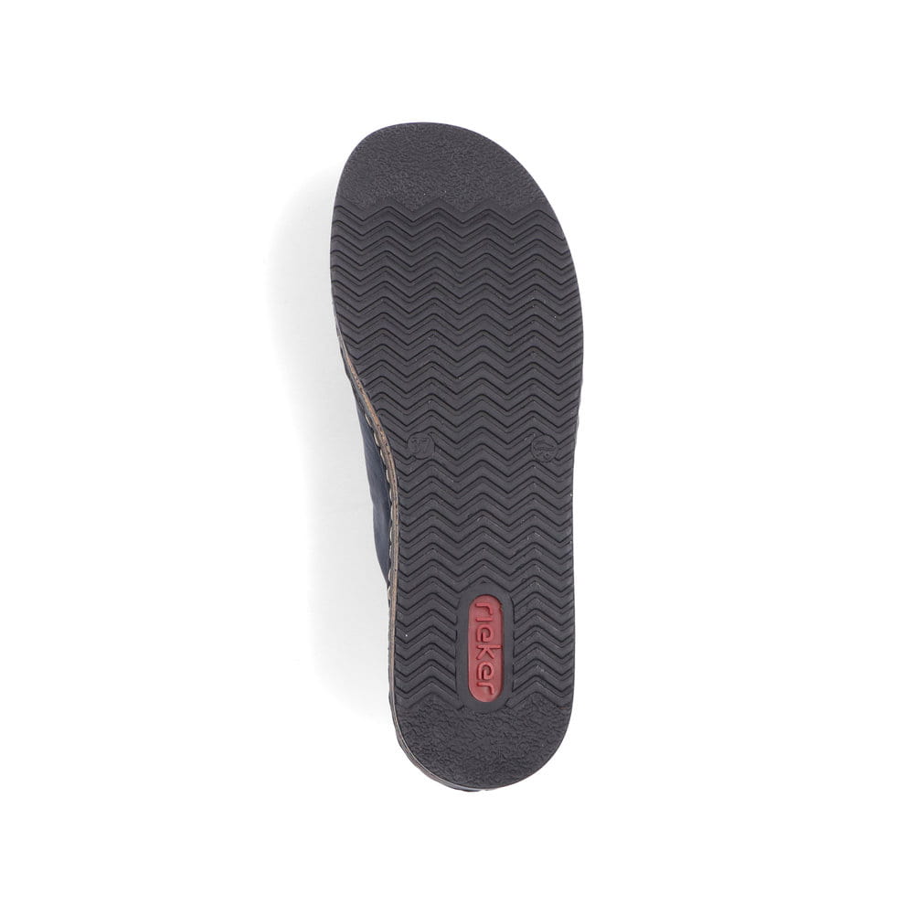 Blaue Rieker Damen Pantoletten 62905-14 mit moderner Spannnaht. Schuh Laufsohle.