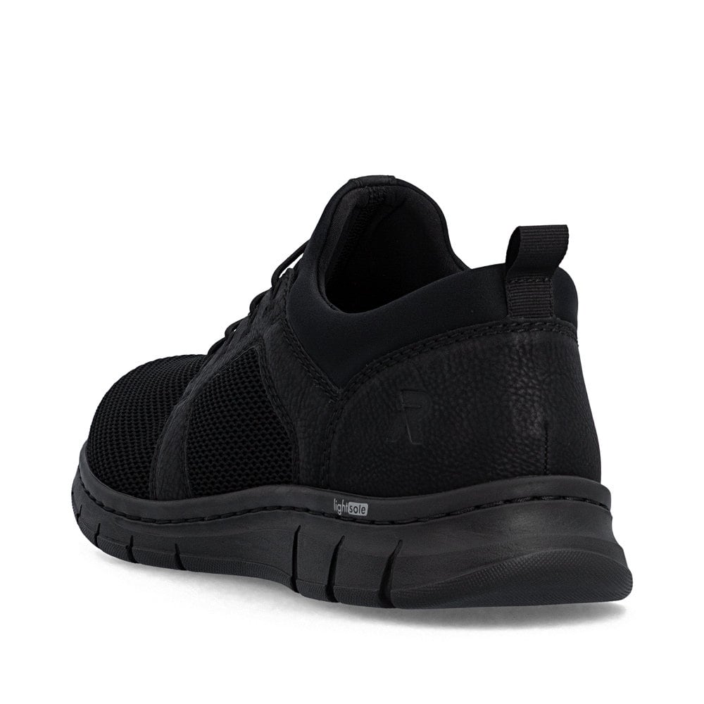 Mocassins Rieker noirs pour homme B7796-01 avec bande élastique. Chaussure vue de l'arrière.