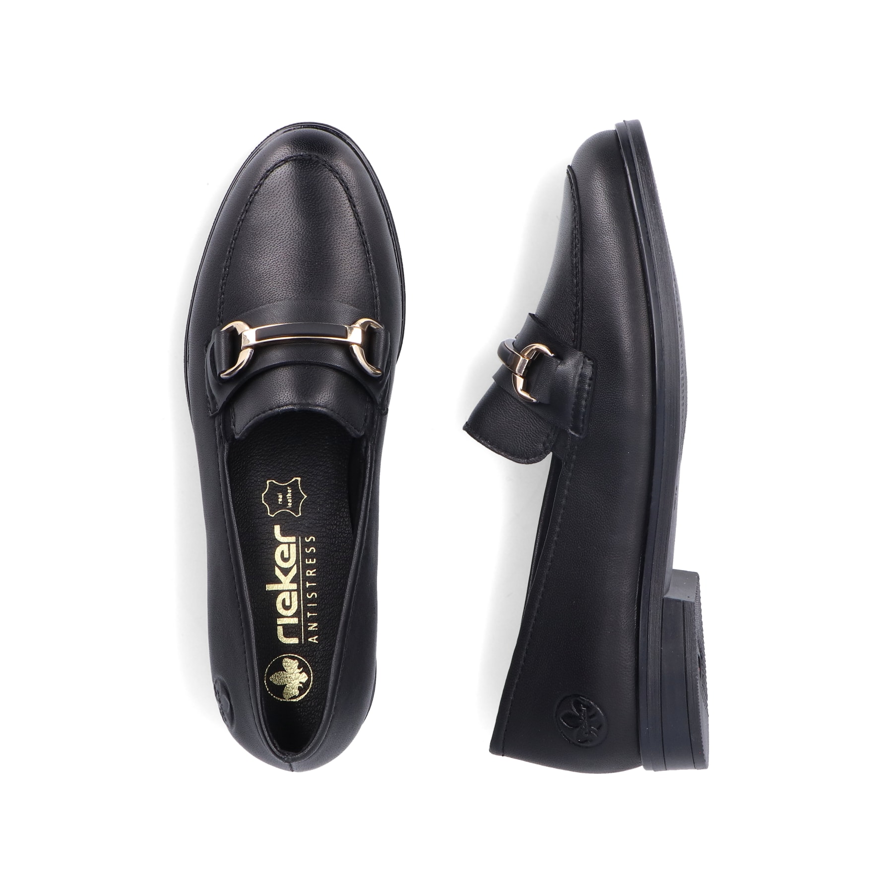 Mocassins Rieker noirs pour femme 46262-01 en cuir lisse. Chaussure vue de dessus, couchée.