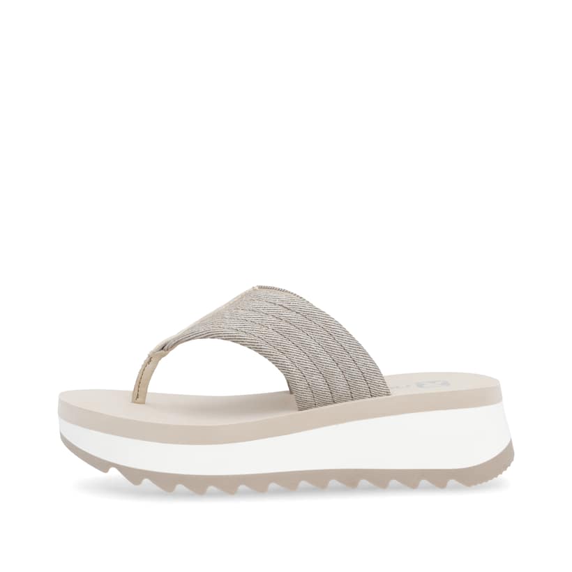 Beige vegane Rieker Damen Zehentrenner W3054-60 mit griffiger und leichter Sohle. Schuh Außenseite.