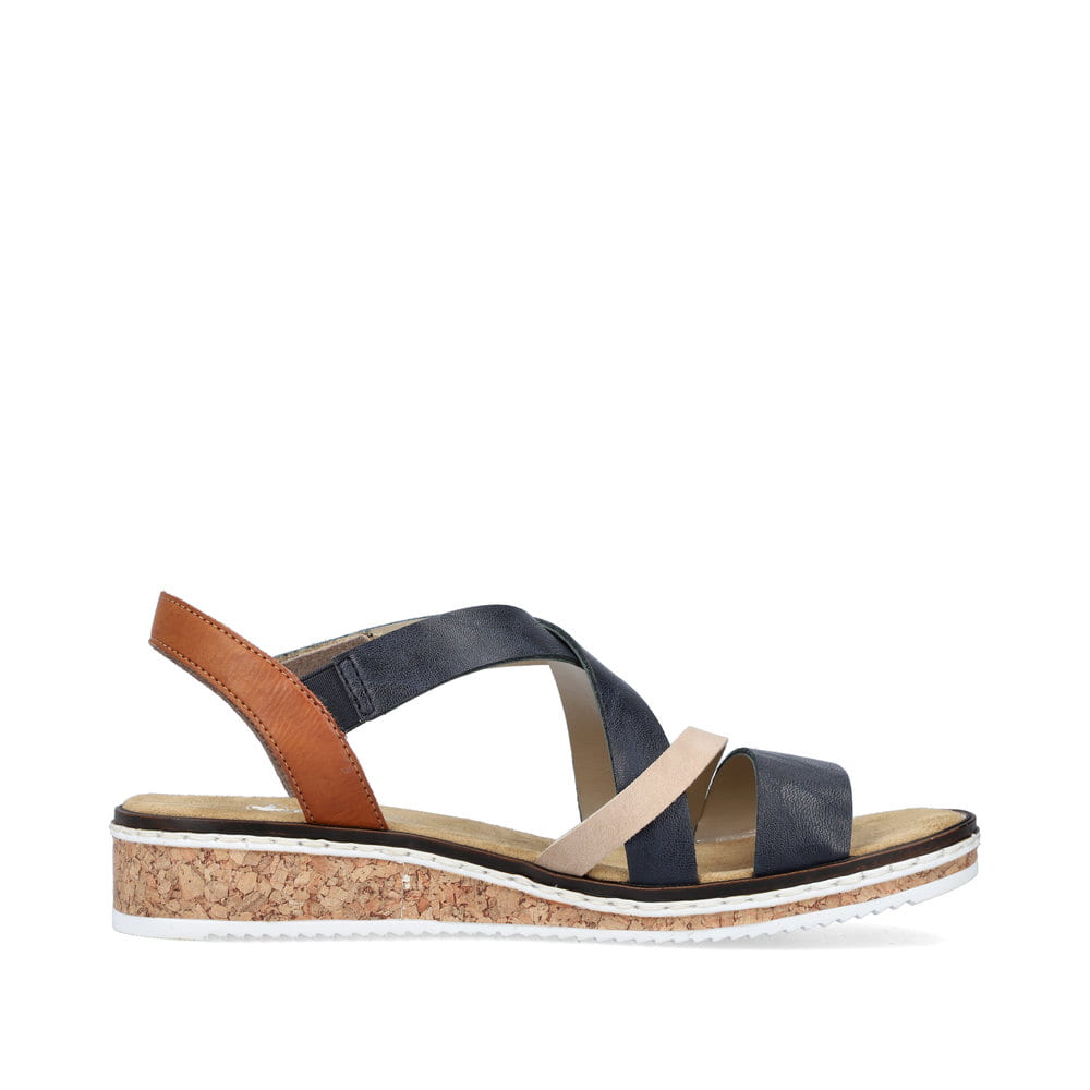 Sandales compensées Rieker bleues femme V3663-91 avec fermeture velcro. Intérieur de la chaussure.